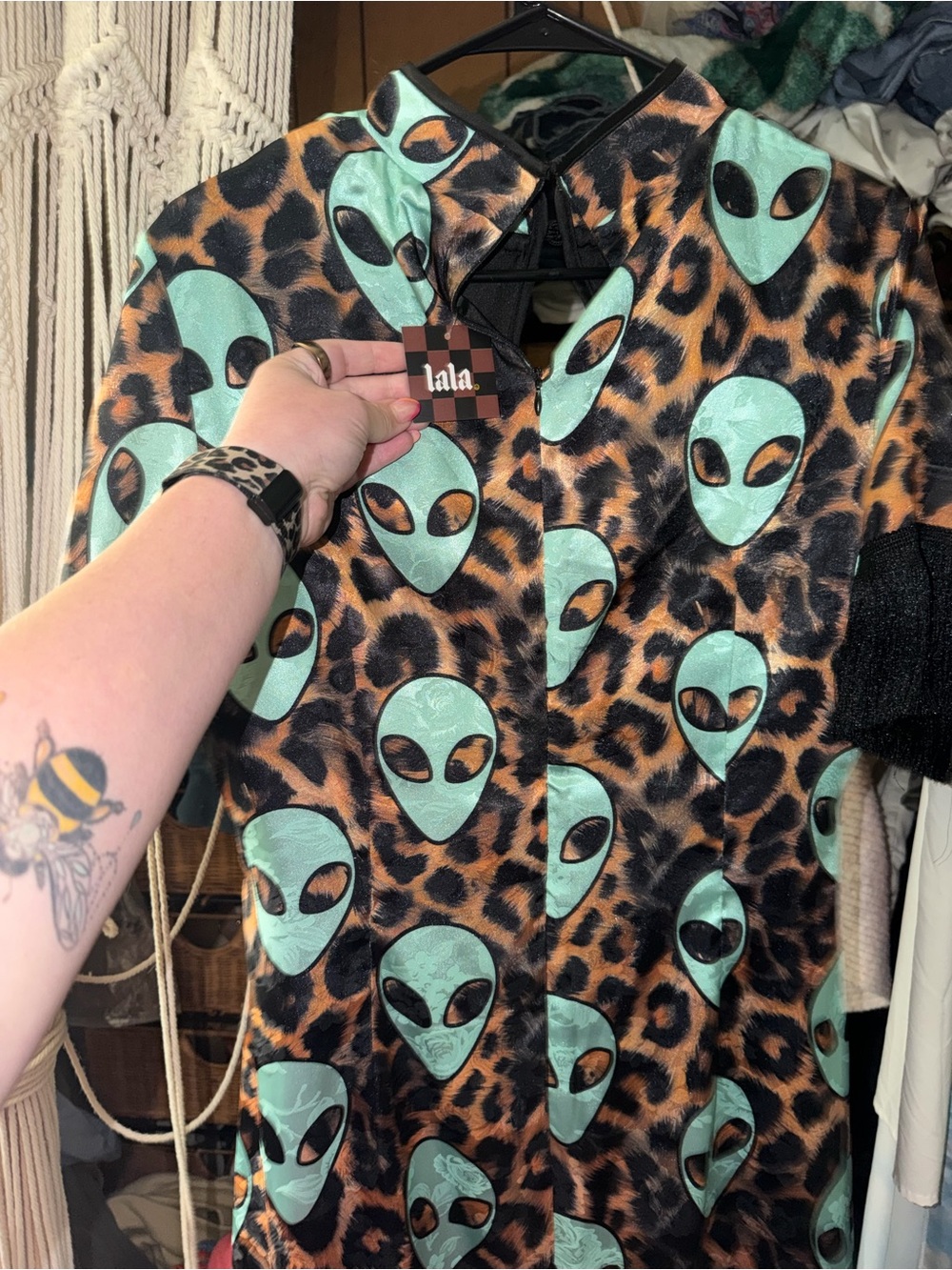 Dressed in LALA Teal Alien Print Leopard Top with Black Fringe - Picture 2 of 4